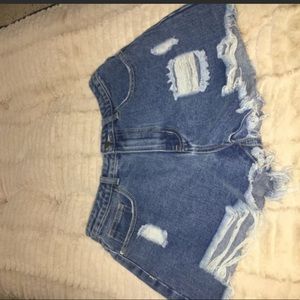 Mid Blue Wash Distressed Denim Shorts
